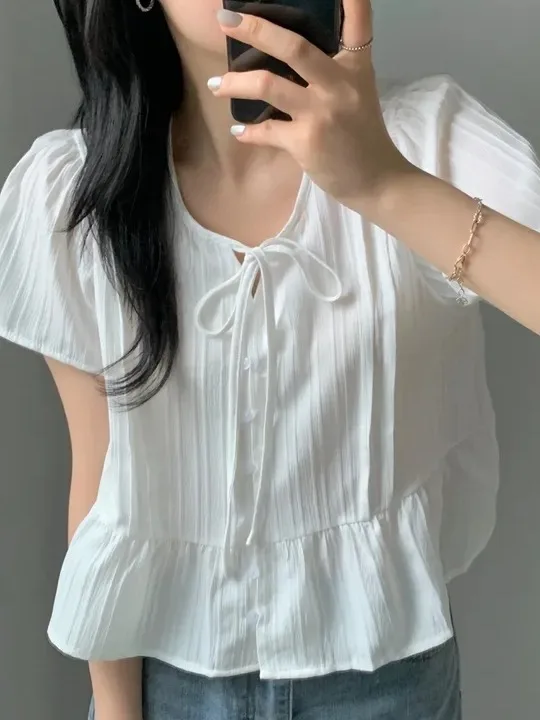 

Summer Unique Beautiful Women's Shirt Korean Style Sweet Soft Bow Knot Pleated Design Sense Flying Sleeve Versatile Blouse