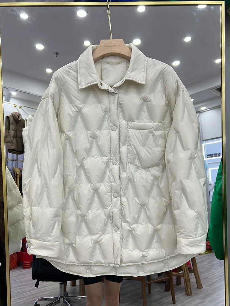 Piumino invernale leggero con risvolto allentato Parka solido monopetto femminile Capispalla da donna Piumino caldo in piuma d'anatra bianca