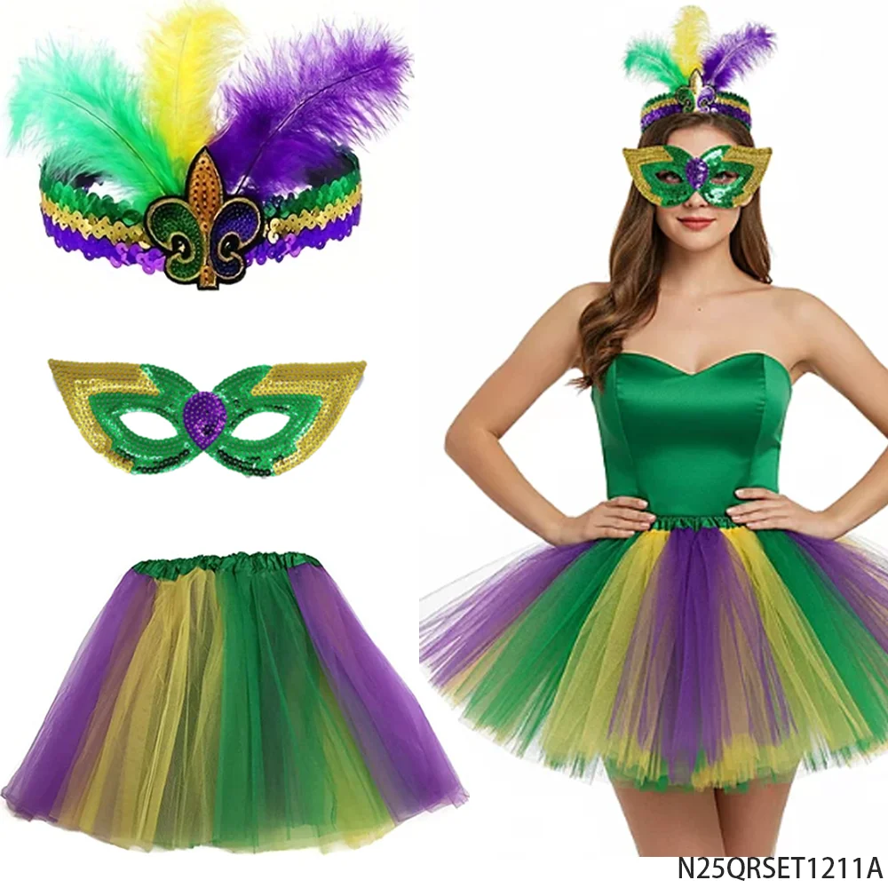 PESENAR Mardi Gras Costume Set Feather Headband Sequin Mask Tutu Skirt Party Accessory
