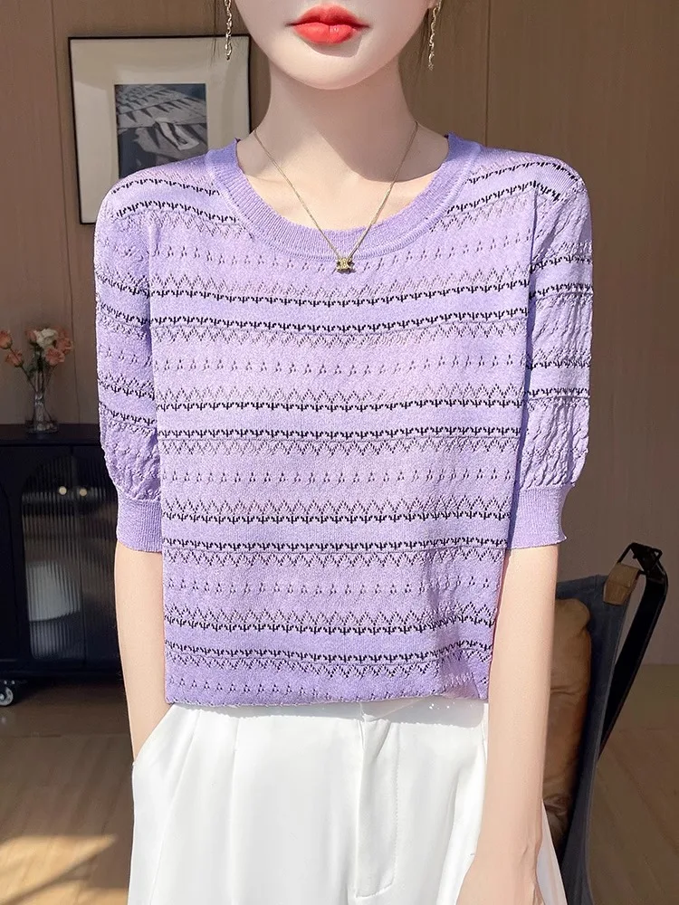 

Raysel Ice Silk Knitted ort Sve T-irt round Ne Breathable Hollow out Floral Pattern Spring Thin Knitwear Top