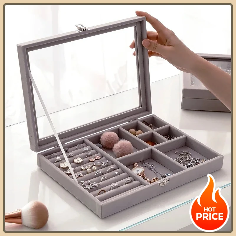 

Velvet & Glass Jewelry Display Organizer Box - Tray Holder Storage Case for Rings & Earrings