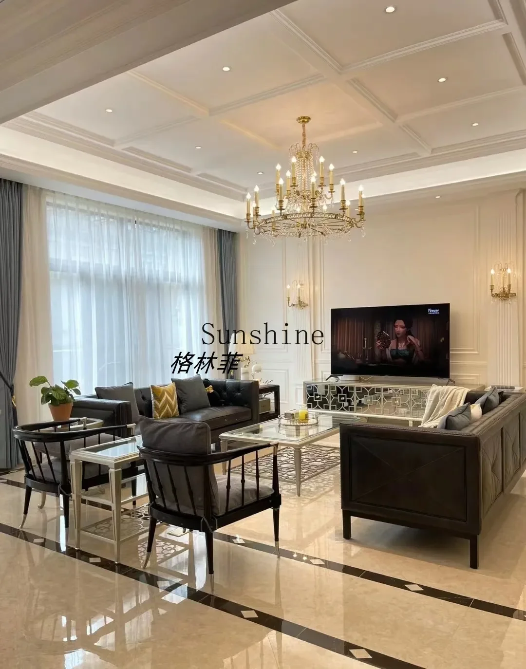 American leather sofa three-person living room full set of furniture combination simple and modernYY