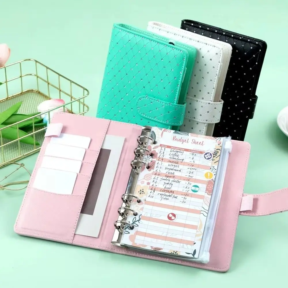 Rainstone Patterned Cover Money Saving Binder 6-Ring PU Leather Mini Budget Binder Colorful Compact Savings Challenges Book