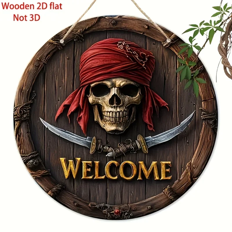 2D Flat, Antikes Piraten-Willkommensschild, 2D-Uhr, keine echte Uhr, Holzschild – an der Wand montierte Piratenschädel-Hausdekoration – ästhe