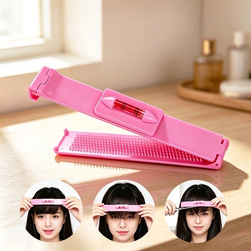 3pcs Bangs Cutting Tool Set, DIY Bangs Trimming Ruler with Level Bubble + Hair Cutting Scissors, Home Hair Styling Bang Trim Kit