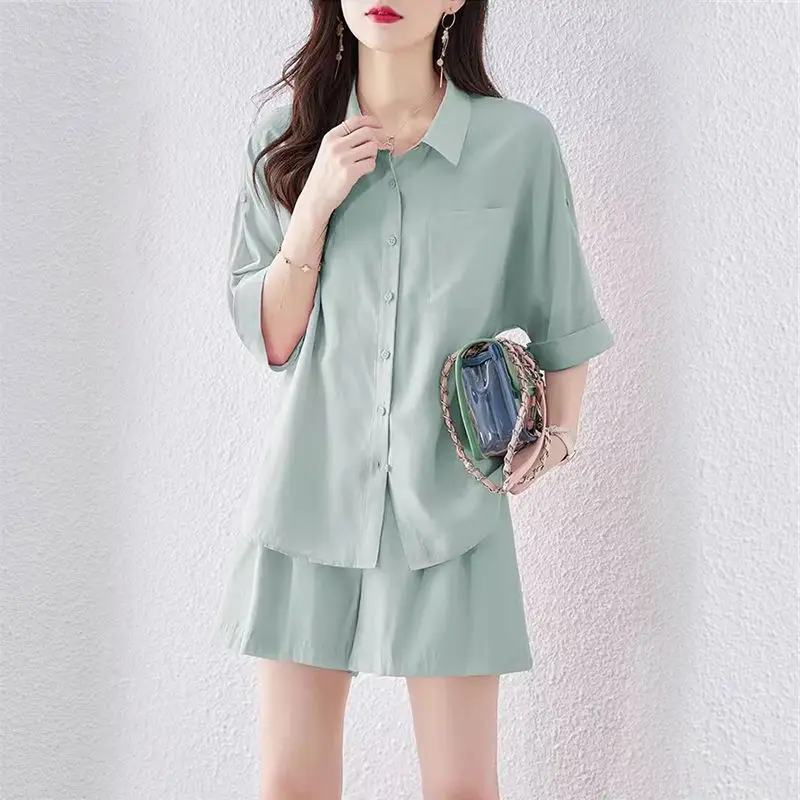 Women's Designer Style Two Piece Set Short Sleeve Loose Blouse High Waist Wide Leg Shorts Elegant Outfit