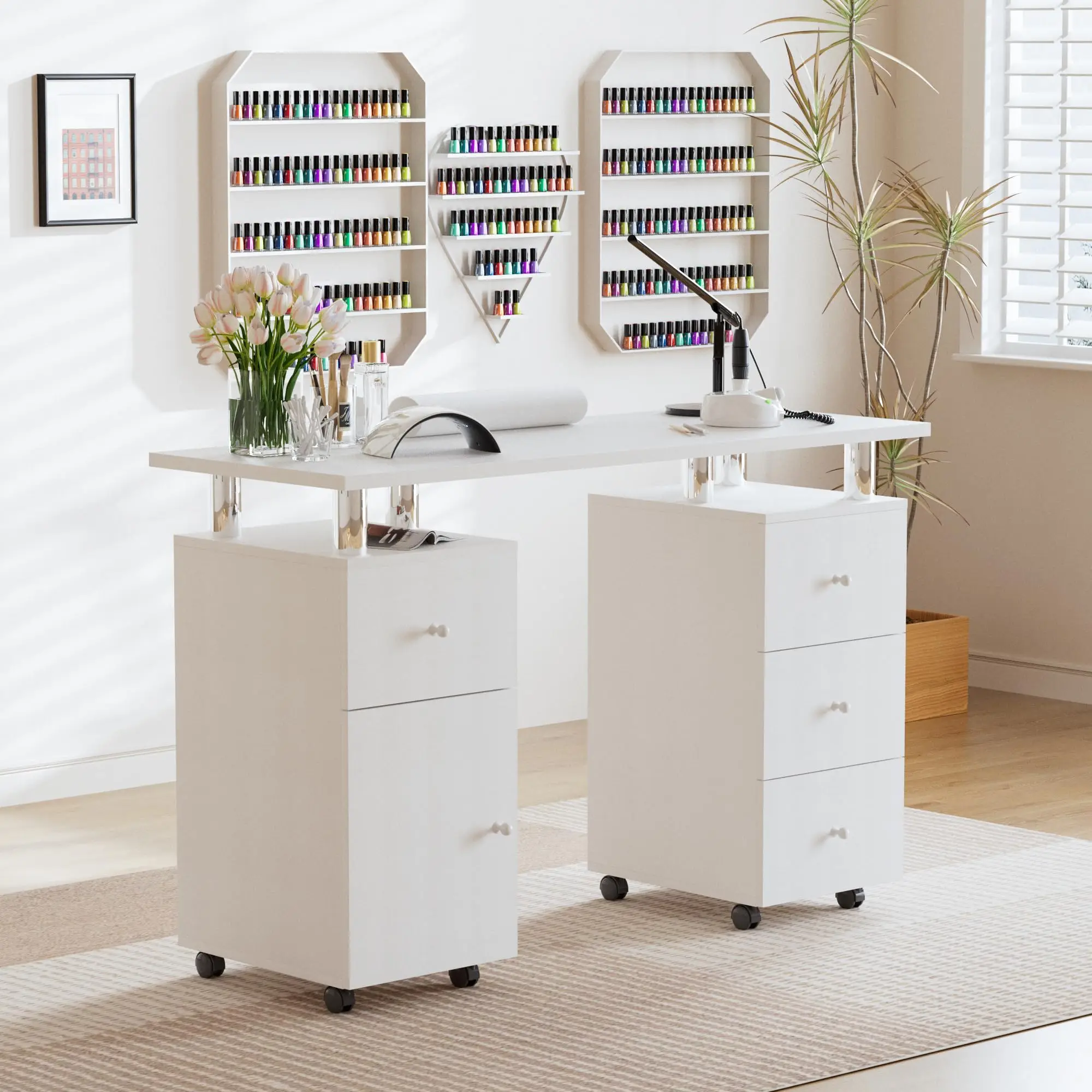 47 Inch Manicure Table Nail Desk for Nail Tech, White | Drawers, Wrist Pad, Lockable Wheels, Salon Spa Beauty Bar