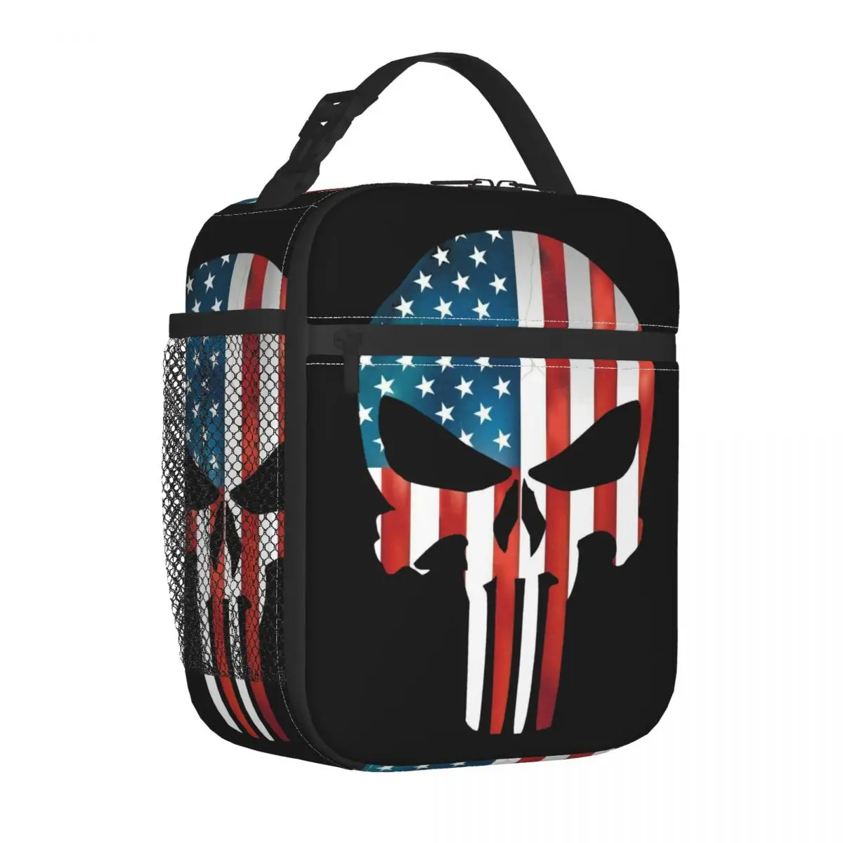 American Flag Skeleton Punisher Skull Thermal Insulated Lunch Bags Women Resuable Bento Box for School Storage Food Tote Bags