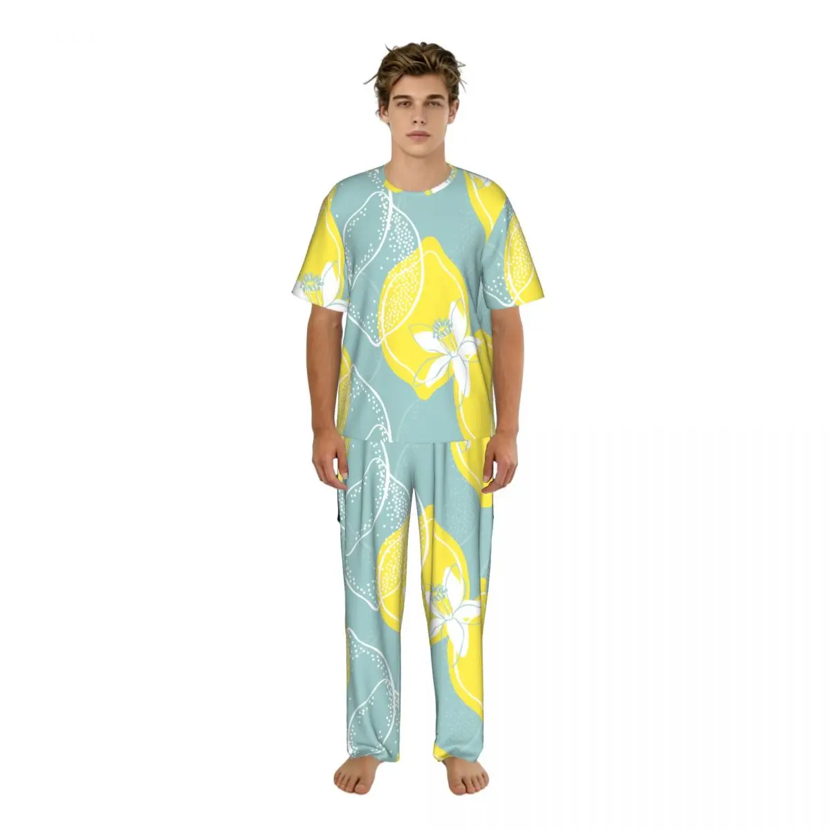 Sleepwear Summer Spring Home Clothes Lemons And Blossom Short Sleeve Long Pant Nightwear