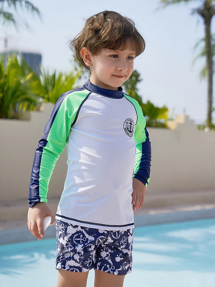 Children Swimwear Long Sleeves Anchor Print Swimsuit Boy UPF50 UV Protection Rash Guard Toddler Teenager Boys Surf Bathing Suit