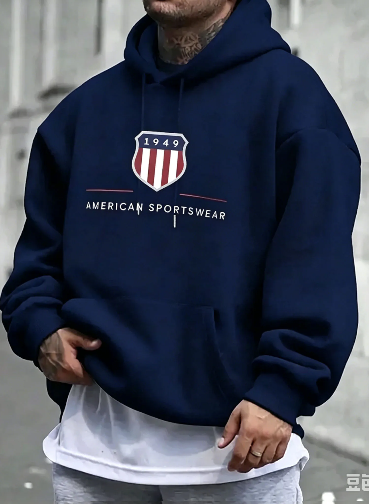 Men Sportswear 1949 Shield Graphic Hoodie Casual Long Sleeve Pullover Hooded Sweatshirt Vintage USA Flag Streetwear Loose Hoody