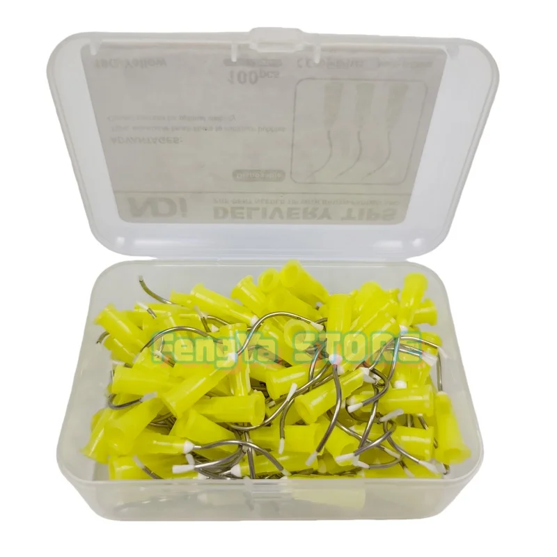 50Pcs/Bag NDI Brand Dental Disposable Delivery Tips Pre-Bent Needle Tips With Brush Padded End 19G Yellow Teeth Whitening Tools