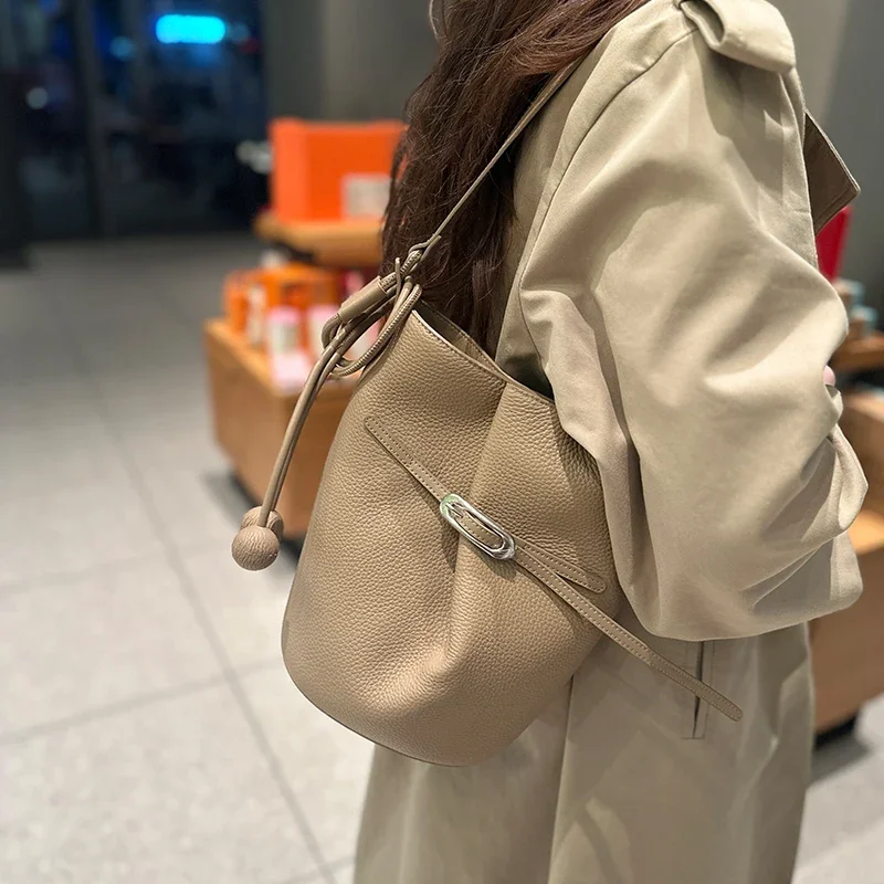 Women Genuine Cowhide Bucket Bag Drawstring Top Handle Shoulder Purse Real Leather Ladies Mini Crossbody Luxury Gift 2026