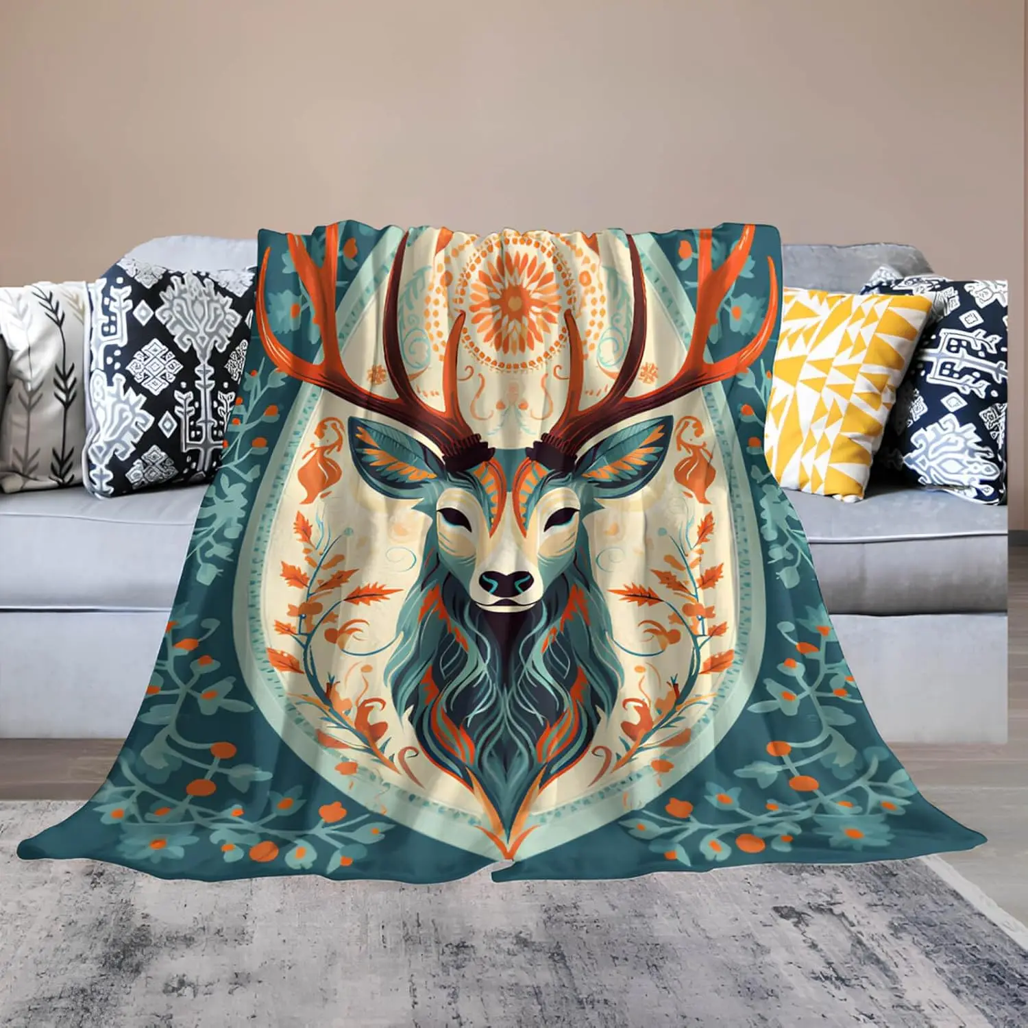 Reindeer Head Print Sofa Sofa Bed Blanket, Soft Christmas Hunting Deer Animal Decoration Gifts for Men and Women, Plush Blanket