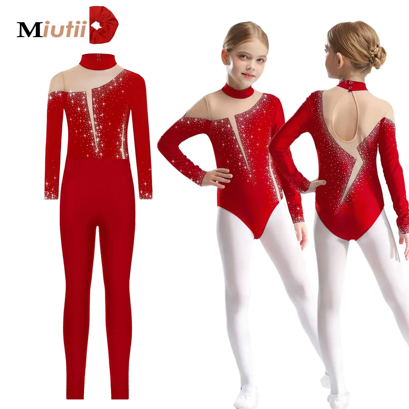 

Kids Girls Rhythmic Gymnastic Leotard with Leggings Hair Band Ballet Dance Costume Long Sleeve Rhinestone Sports Workout Outfits