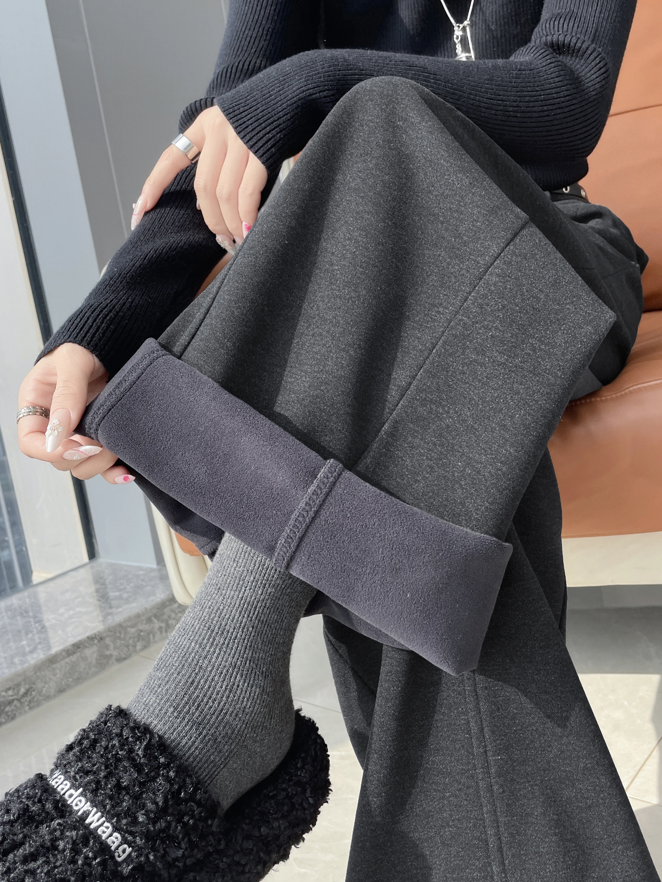 Thiened Fce Weite Anzughose mit Hoher Taille, Koreanischer Stil, Winter-Freizeithose für Damen, Bodenlange, Fließende Hose