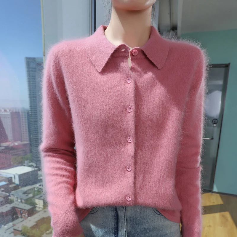 

Autumn New Women Cardigan Lapel Sweater 100 Mink Cashmere Knit Exquisite Simple Jacket Female Long Sleeved Sweater