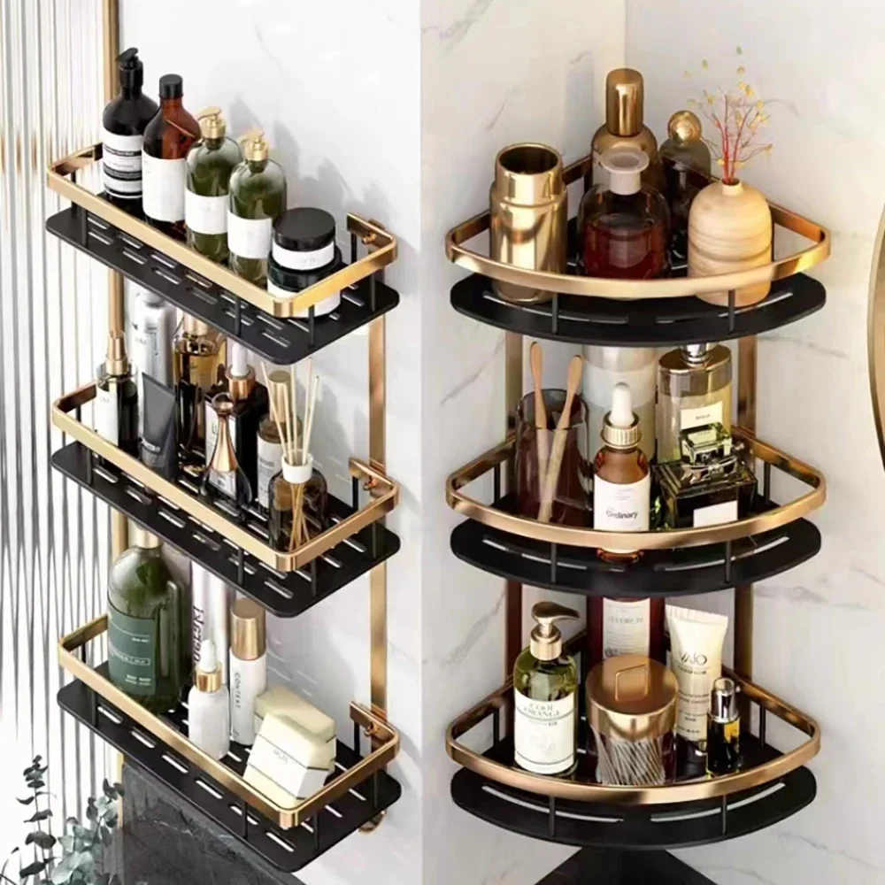 

Bathroom Shelves Wall Mounted No Drill Space Aluminum Shower Corner Caddy Storage Shelf Kitchen Organizer Rack Floating Shelf