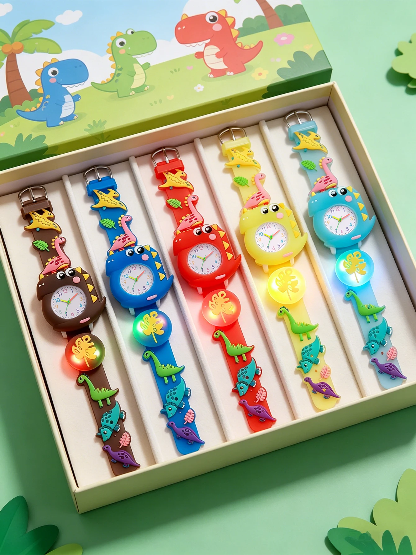 

5 Colors Kids Dinosaur Watch Cute Cartoon Silicone Band Luminous Flashing Light Quartz Wristwatch for Boys