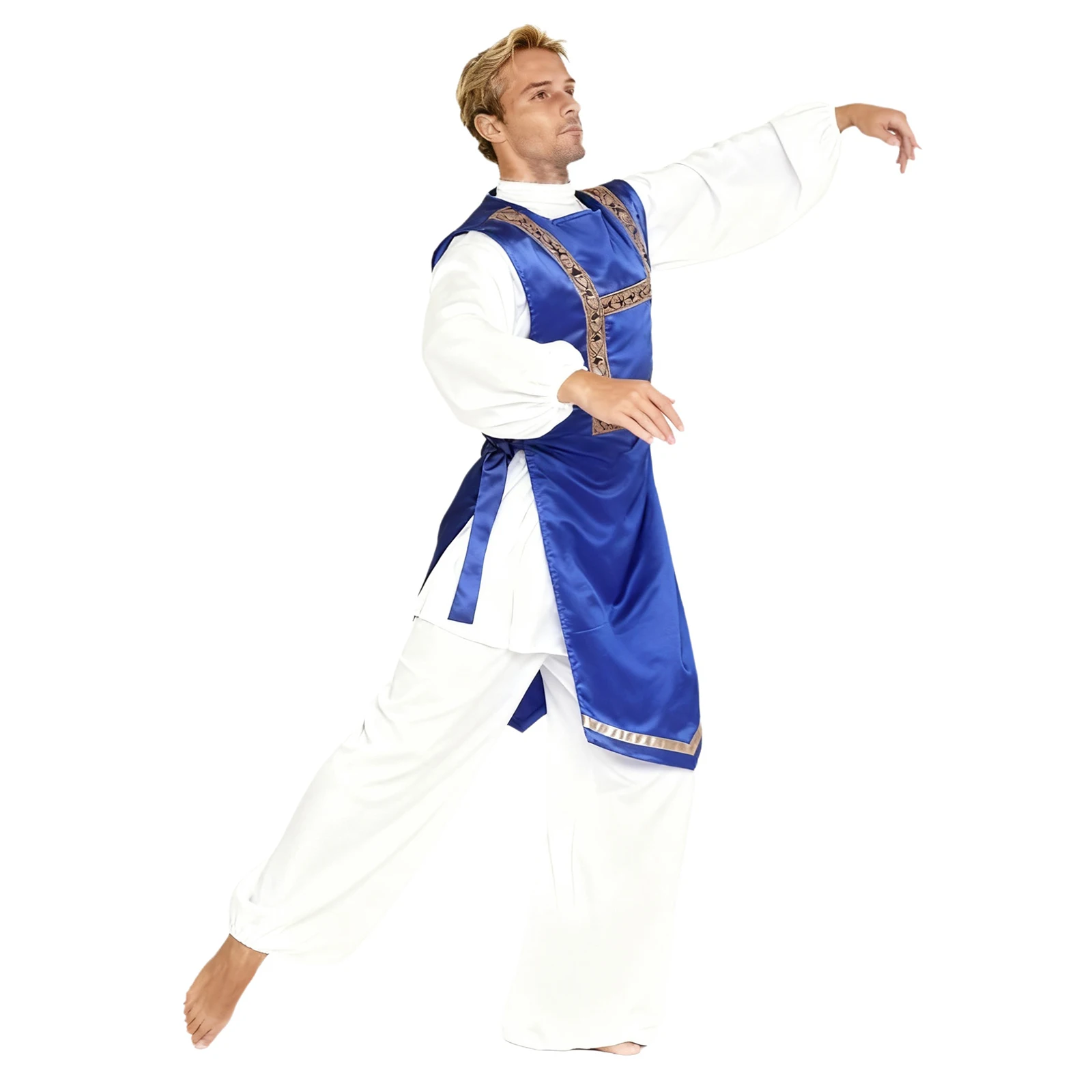 Men's Liturgical Praise Worship Dance Tunic Tops Chic Trim Side Lace-up Satiny Vest Tank Top Pullover Robe for Lyrical Dance