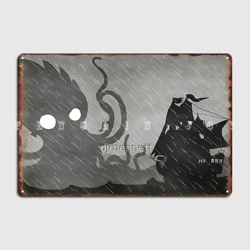 Póster de Kraken de barco lluvioso, placa de Metal para pared, cueva, garaje, Club, placas Retro, cartel de estaño
