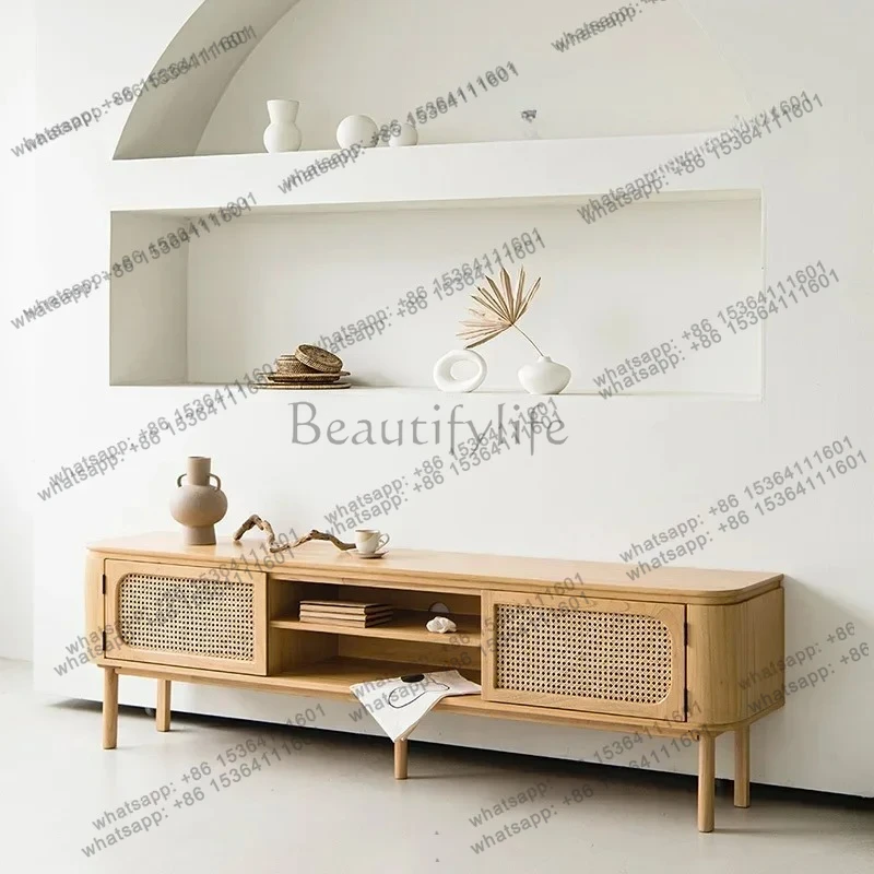 TV cabinet small apartment living room floor audio-visual cabinet  Nordic medieval style solid wood rattan