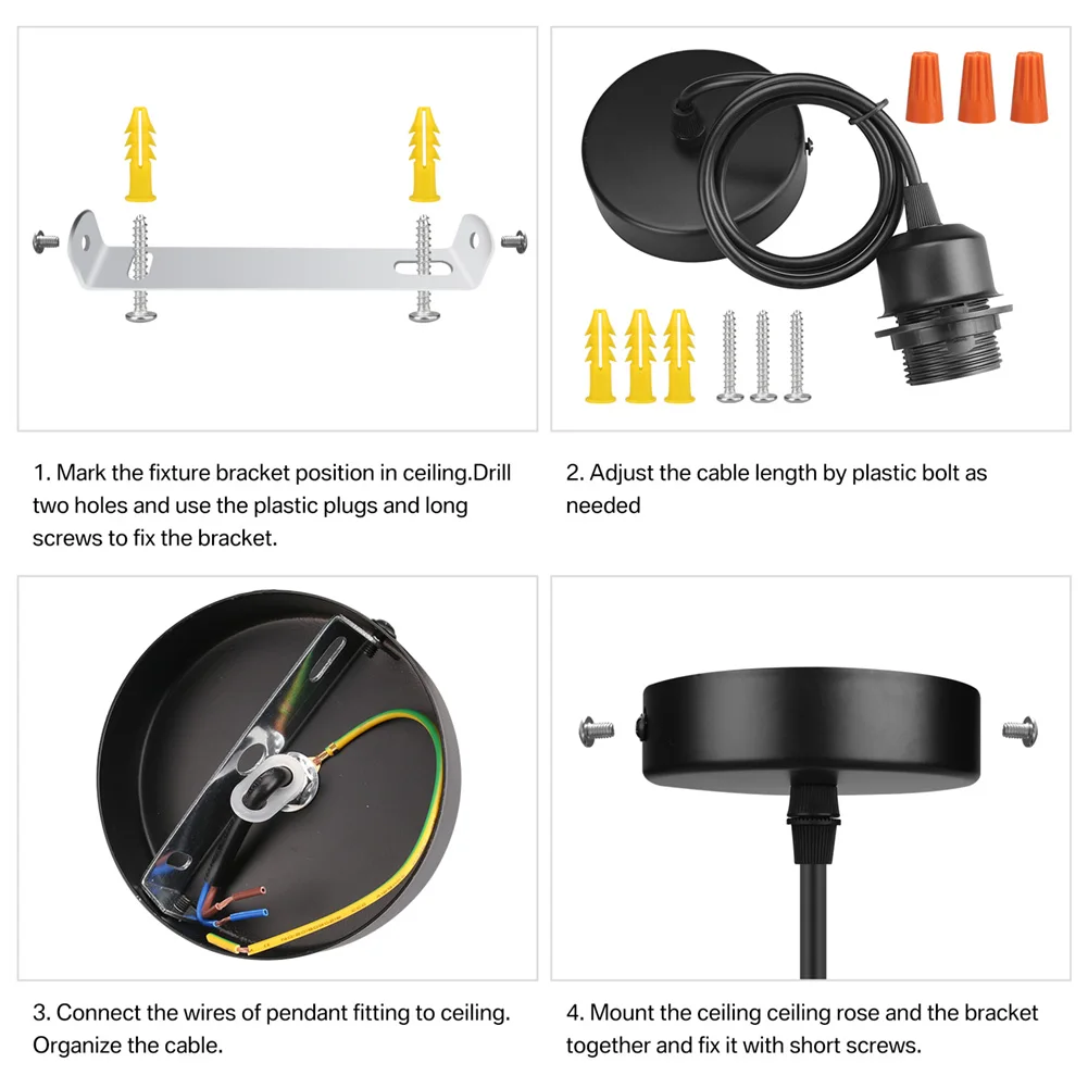 E27 Pendant Lamp Holder Hanging Lighting Kit Copper Socket with Line DIY Retro Lampholder Black/White Ceiling Fixture Screw-type