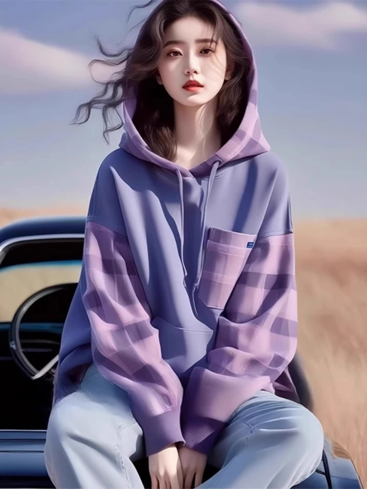 

Casual Loose Hoodies Plaid Kangaroo Pocket Long Sleeve Design All Match Sweatshirts Spring Autumn Tops 2025 New Women's Clothing