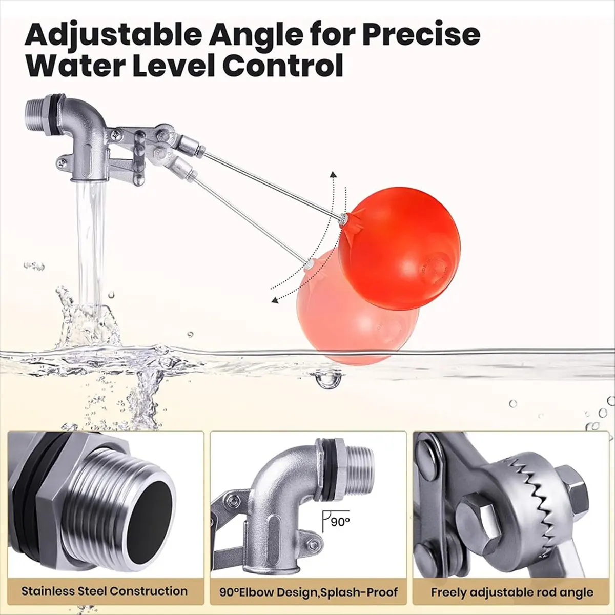 A95G 3/4 Inch Stainless Steel Float Valve for Water Tank, Heavy-Duty Design with Adjustable Angle Rod for Water Level Control