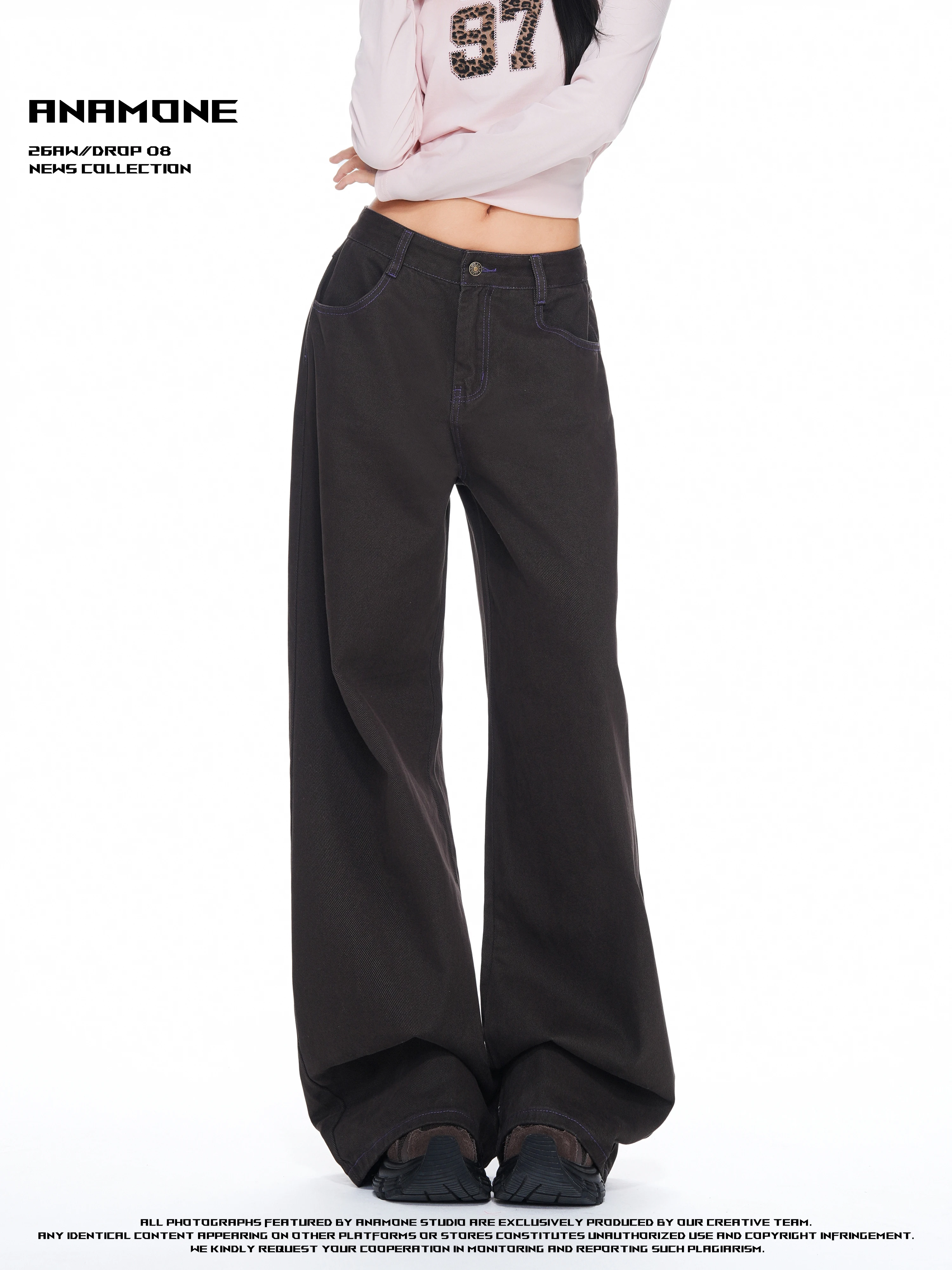 ANAMONE Vintage American Style High Waist Loose Fit Slimming Wide Leg Jeans Women's Autumn New Coffee Color Casual Jeans