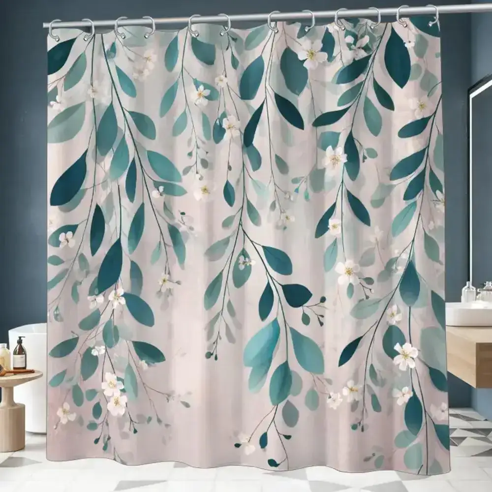 

Leaf and flower patterned shower curtain, polyester fabric, machine washable, suitable for bathroom decor.