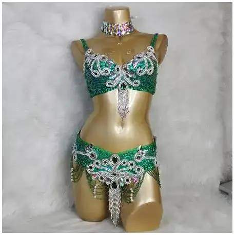 Crystal Belly Dance Costume Samba show bikini Wear Bar+Belt 2pc Set Ladies Bellydancing Costumes Carnival women gogo costumes