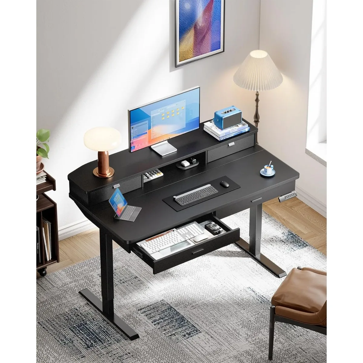 55 x 30 inch Electric Standing Desk with 4 Drawers, Adjustable Height Sit Stand Home Office Desk with Two Tiers