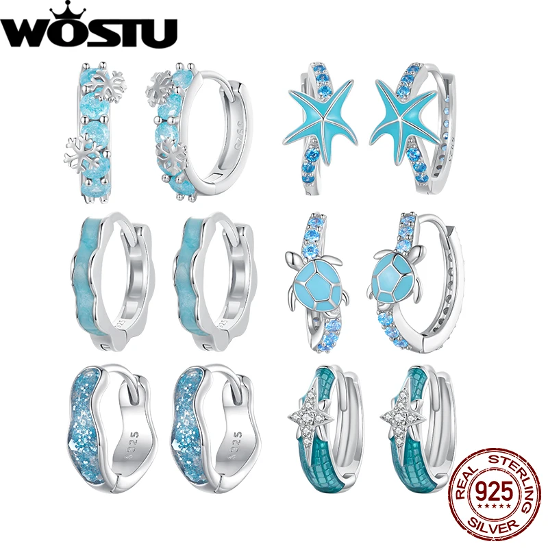 WOSTU 925 Sterling Silver Turtle Ear Clips Winter Ice Flower Starfish Flower Ear buckle with Blue Enamel Technique Fine Jewelry