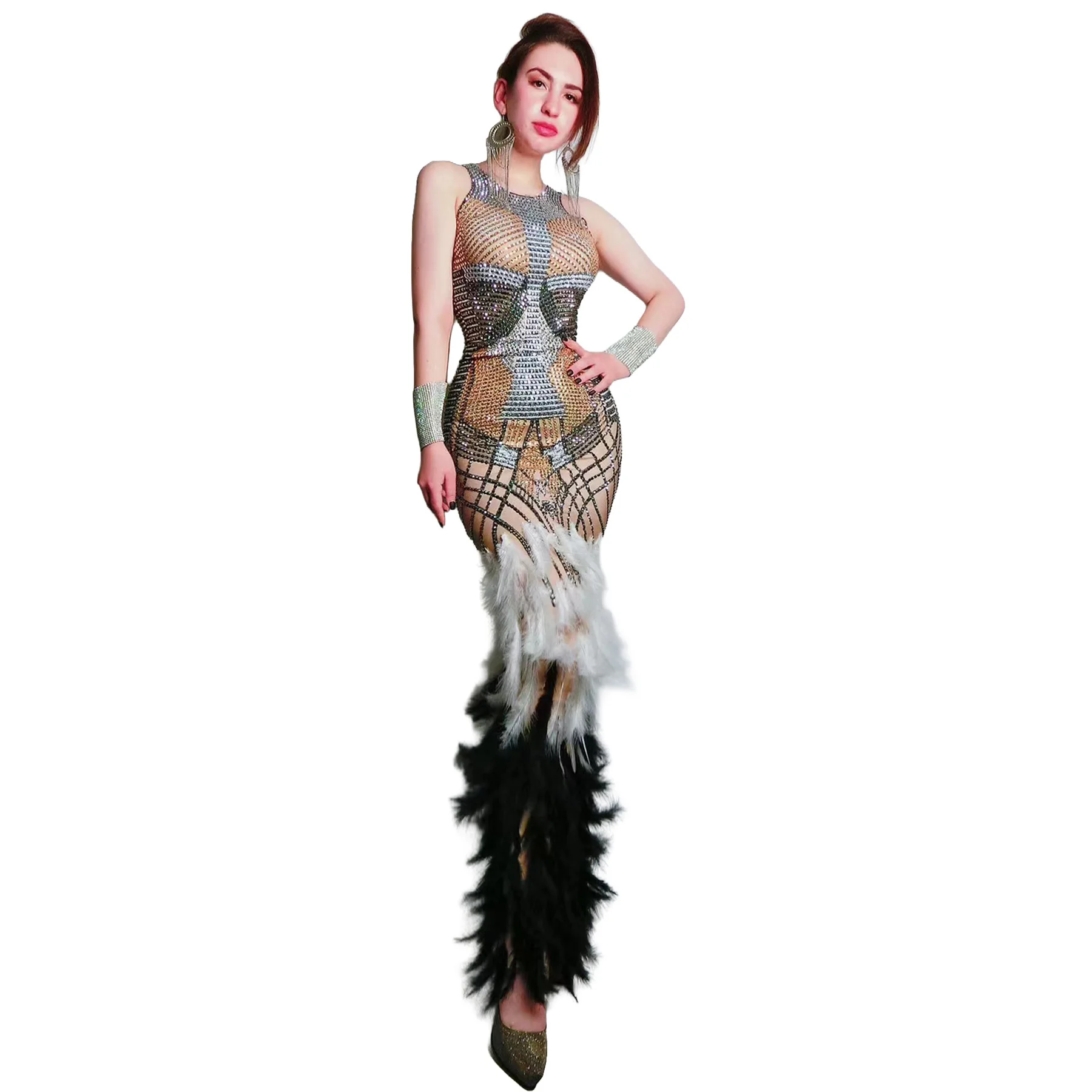 Keli Luxury Dual Color Black White Feather Rhinestone Nude Mesh Mermaid Gown Sleeveless High Collar Singer Performance Outfit