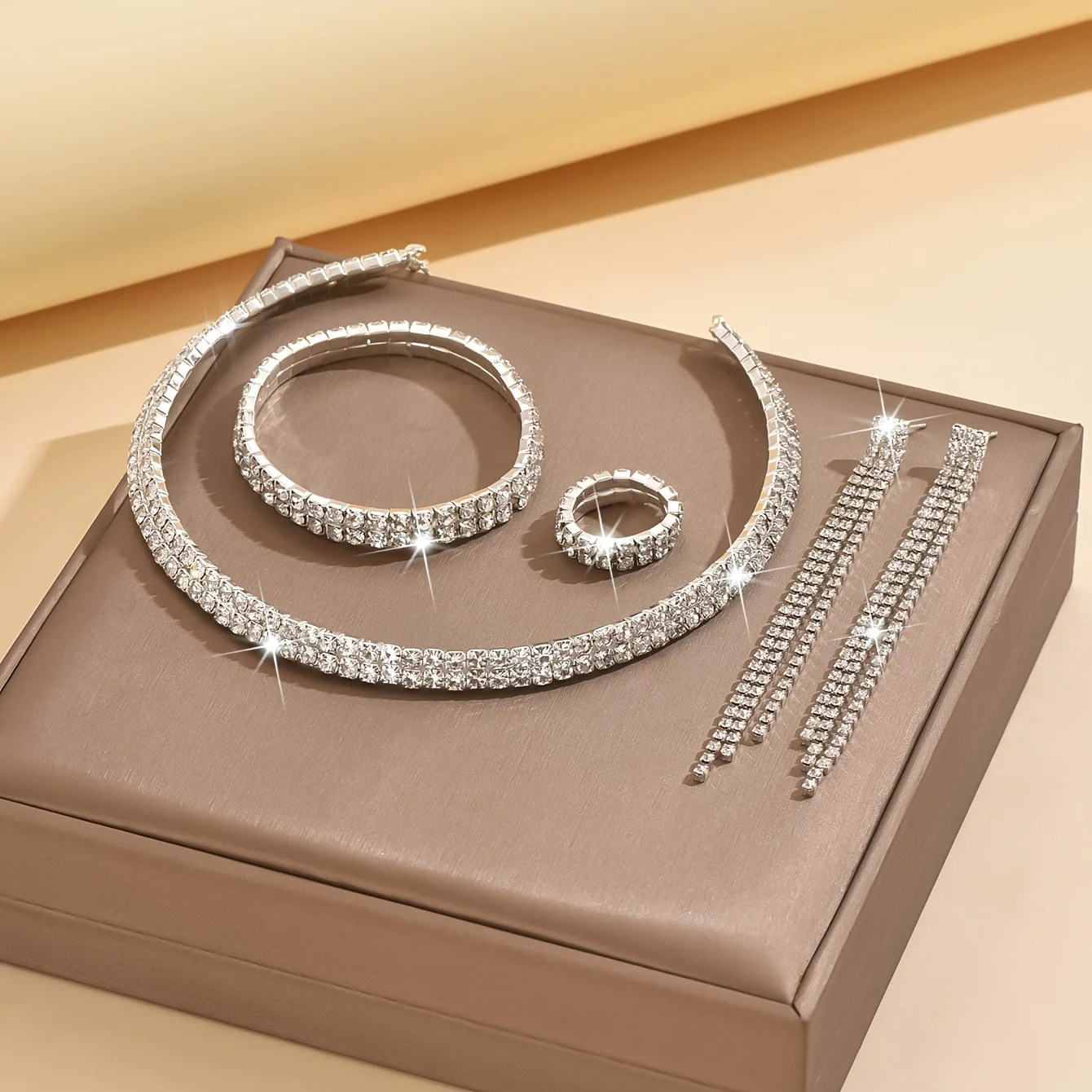 Women's Luxurious Rhinestone Jewelry Set, Choker, Earrings, Bracelet & Ring