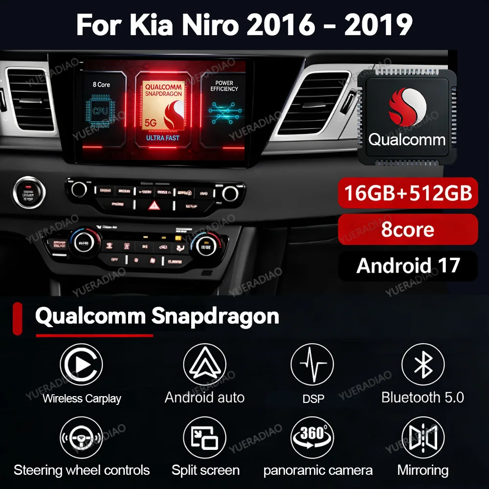Autoradio Android 17 pour Kia Niro DE 2016 - 2019, unité principale 2DIN avec GPS, lecteur multimédia vidéo, Bluetooth, 4G LTE, 5G WIFI, QLED, Qualcomm