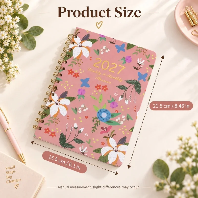 2027 Spiral Weekly & Monthly Planner, 4 Floral Covers Monthly Tabs Inner Pocket for Work School Daily Agenda Organizer Notebook