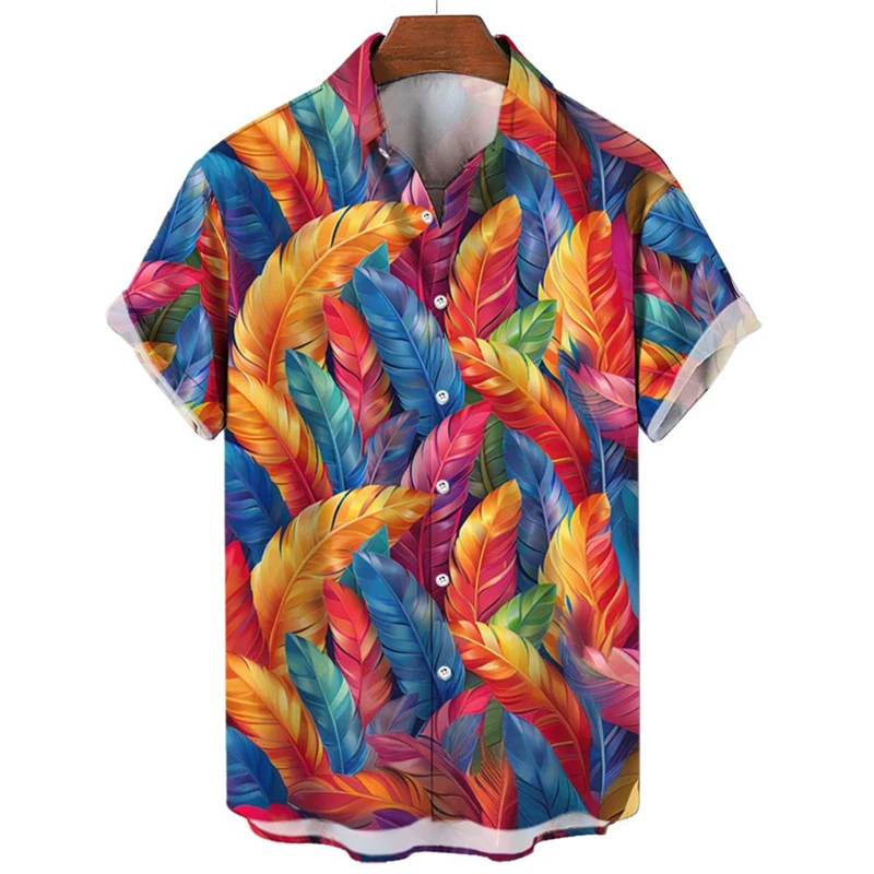 Colorful Feather 3d Printed Shirt For Men's Clothing Personality Street Lapel Shirts Tops Casual Fashion Single Breasted Blouse