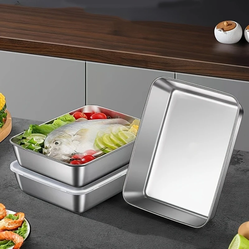3/6Pcs Stainless Steel Rectangular Food Storage Pan With Lid Thickened Lunch Box Container Square Plate Dish Tray Freshing