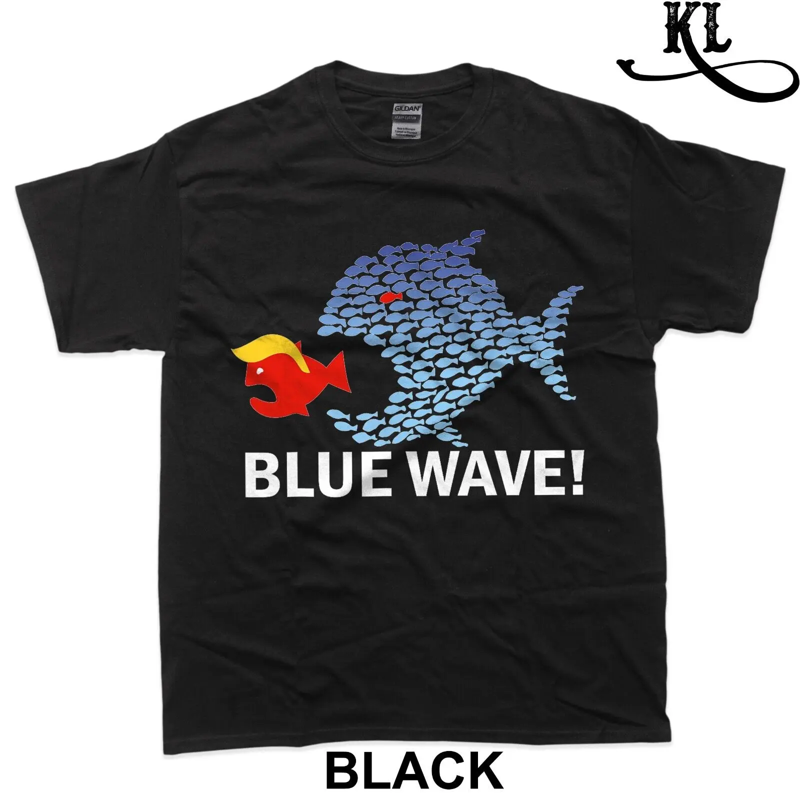 Blue Wave 2024 Funny Big Fish Eat Little Fish Trump Hair T-Shirt