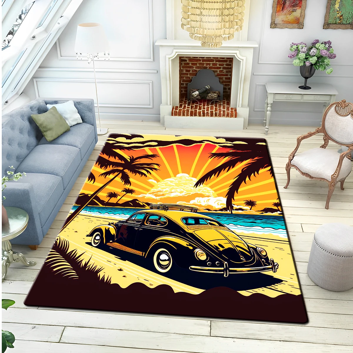 

Retro Car Travel Scenery Sunset and Sunrise yoga mat Non-slip hd print carpet Large Mat Rugs for Living Room Comfortable Bedroom