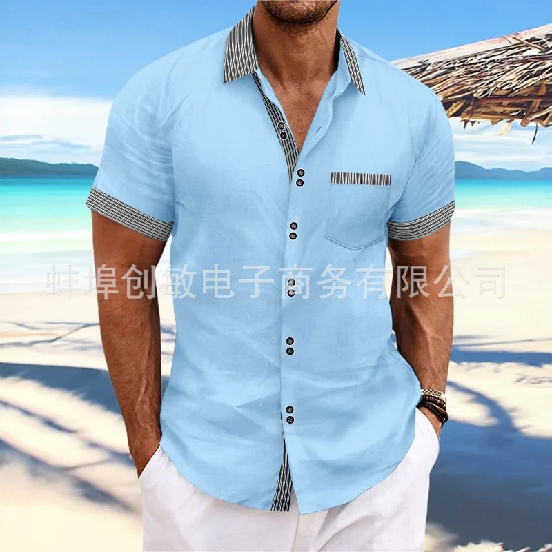 

Men's Striped Trim Short Sleeve Shirt Summer Casual Business Slim Fit Button Down Tops Beach Breathable Cotton Linen Blouse