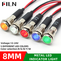FILN 8mm 12V 24V 110V 220V Metal LED Pilot Panel Dash Signal Indicator Warning light 20cm cable Chrome Finish Car Boat Mar