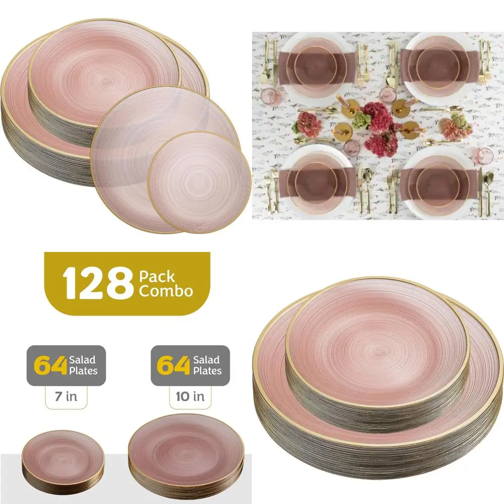 

Crystal Design 128-Piece Plastic Plates Set - 64 7-inch and 64 10-inch Elegant Disposable Plates, Rose Color, Wedding and Party