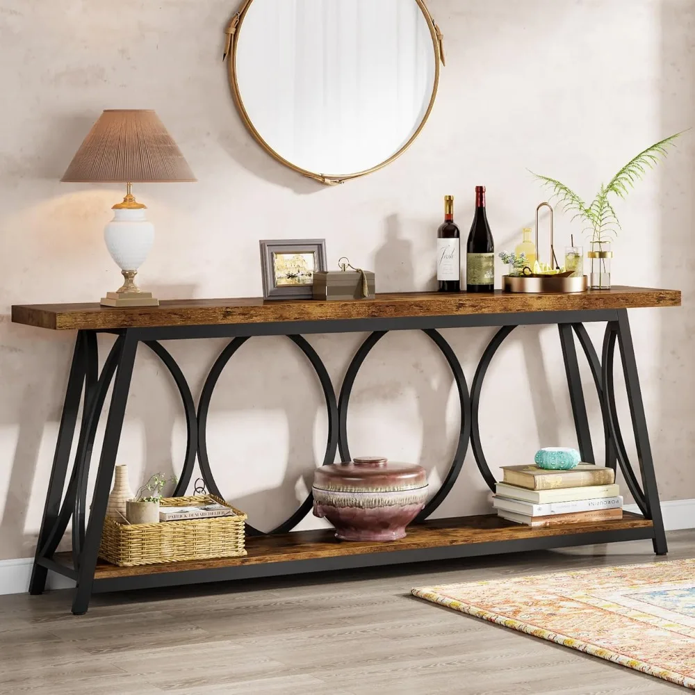 

70.9 inch Extra Long Console Table, Industrial Sofa Table Behind Couch with 2 Tier Storage Shelf, Narrow Entryway Hallway Accen