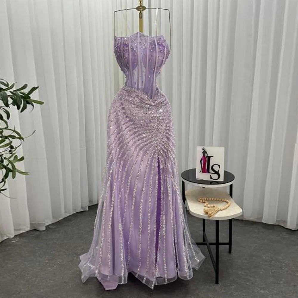 맞춤형 퍼플 크리스탈 이브닝 드레스, 스플릿 스팽글 코르셋 드레스, 여성용 스트랩리스 튤 특별 행사 가운