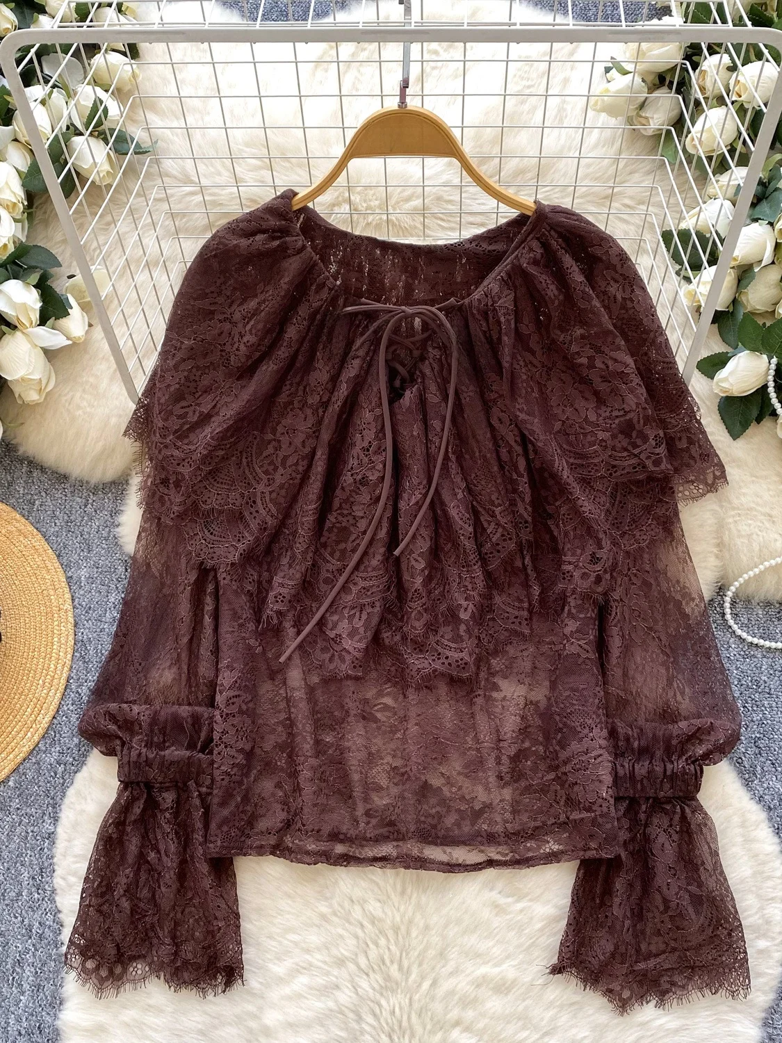 Süßes, sanftes SLE-Spitzenbesatz mit Gürtel, rund, Ne Bell Sve, dünnes Oberteil für Damen, Herbst-Außenabdeckung, irt, lockere Passform, atmungsaktiv