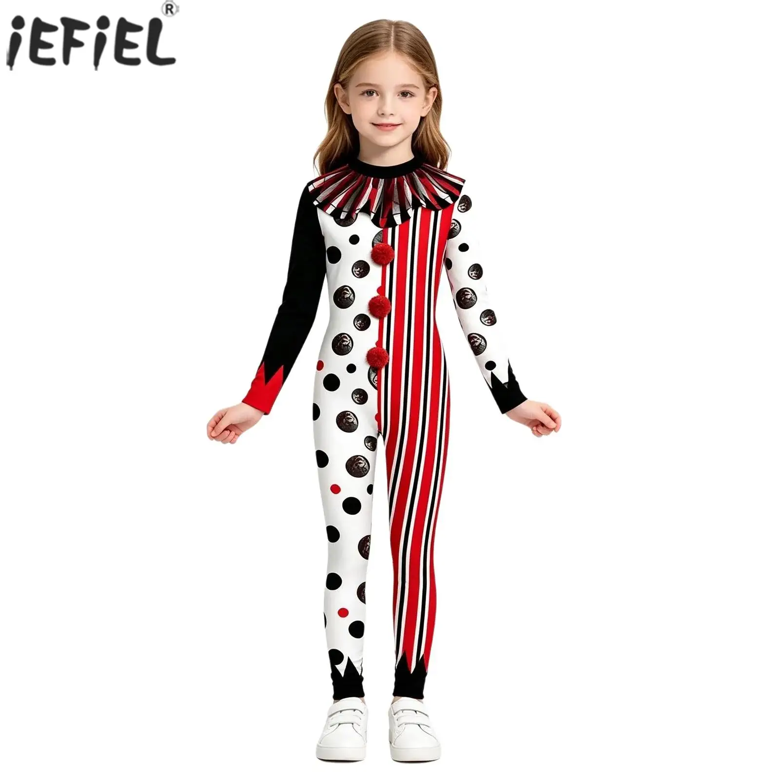 Kids Boys Girls Circus Ringmaster Clown Cosplay Costume Long Sleeve Printed Red Pompoms Skinny Bodysuit Carnival Joker Dress Up