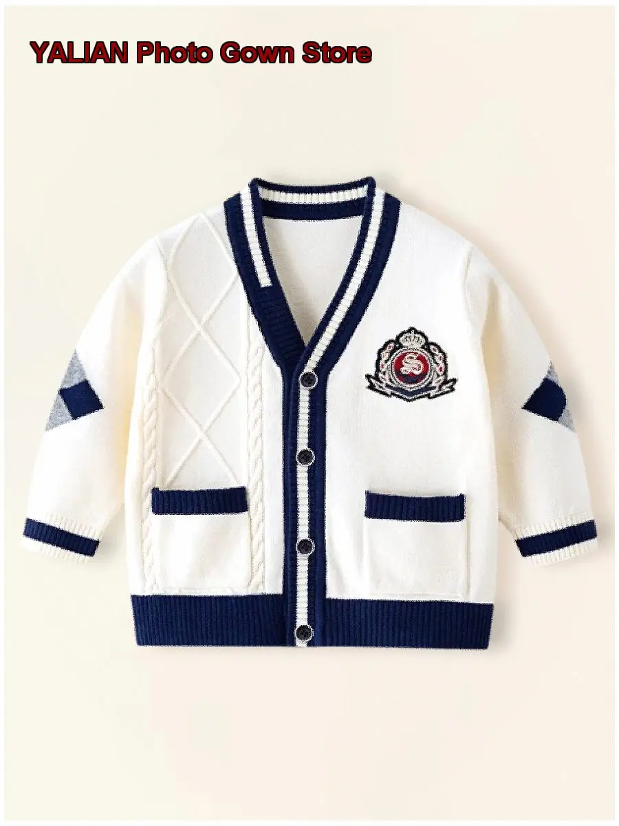 Boys Knit Coat Infant Pure Cotton V-Neck A-Class Striped Knit Jacket College Style White
